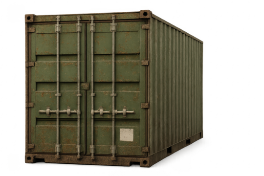 Green rusty metal cargo container on transparent background