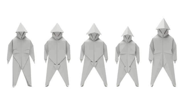 Five origami figures in gray paper, each with a hood and a pointed hat, standing in a row isolated on white background