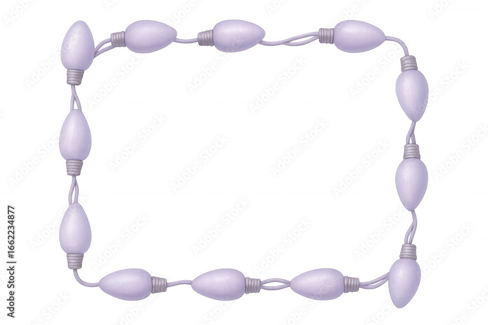 Poster rectangular frame composed of matte pastel purple christmas lights is displayed on a transparent bac