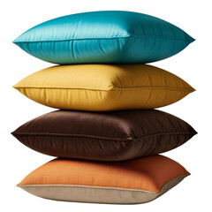Stack of four colorful decorative throw pillows and cushions home decor isolated on a white transparent background png file download.



