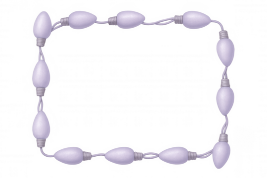Rectangular frame composed of matte pastel purple christmas lights is displayed on a transparent background