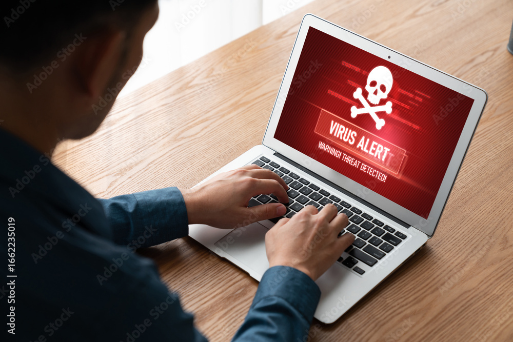 Aufkleber virus warning alert on computer screen detected modish cyber threat , hacker, computer virus and mal