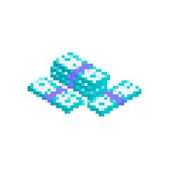 Mosaic pixel art of money stack, bright blue and white, resembling retro game items.