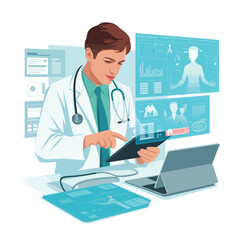 Doctor using a digital tablet with a holographic interface in a medical setting