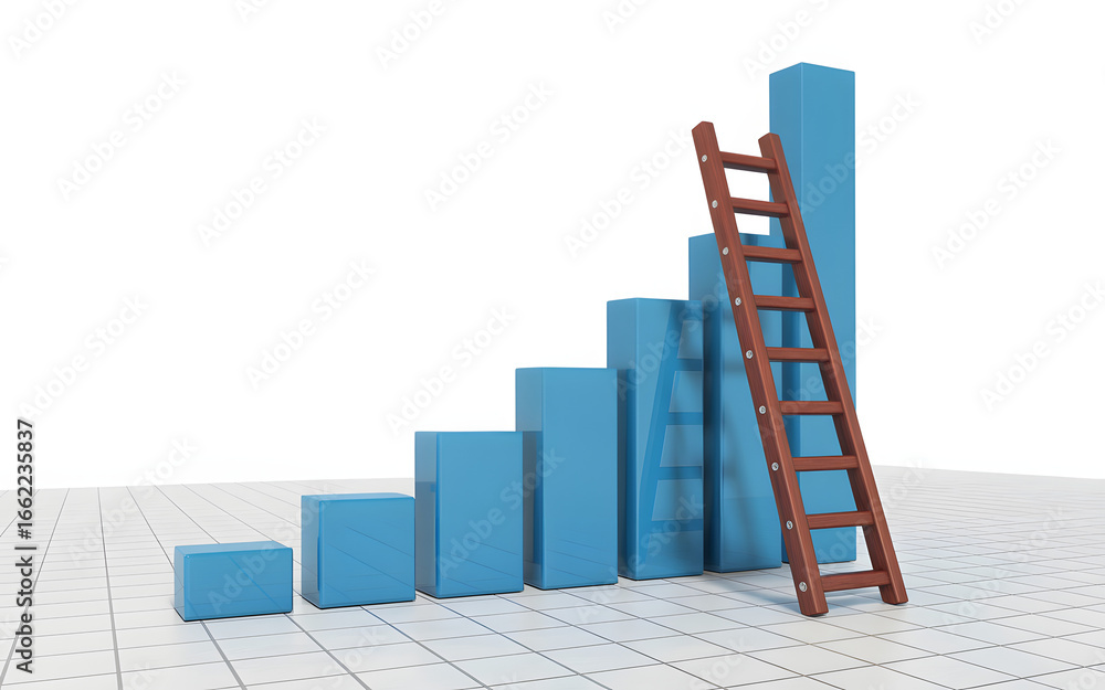 Poster a blue bar graph with a ladder leaning against it on a white grid background in a studio shot