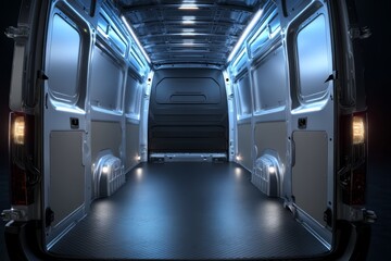Obraz premium The open doors of a white van showcase its cargo area.