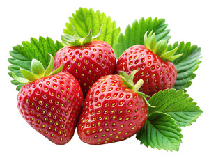 Group of fresh red strawberries with green leaves isolated on transparent background