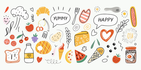 Assortment of Doodle Food and Drink Items Keywords: doodle, food, drink, illustration