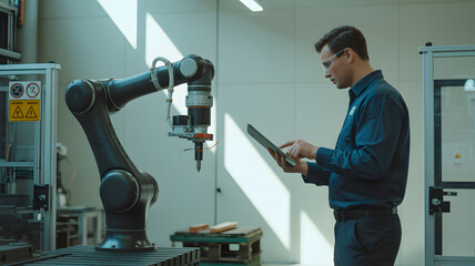 Man using tablet near robotic arm in industrial setting with safety glasses and dark shirt on