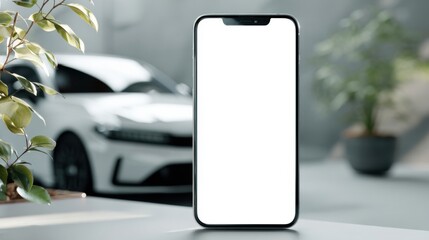 a phone with a white screen sitting on a table