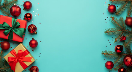 Festive Christmas gifts and ornaments creating a cheerful holiday backdrop perfect for seasonal promotions