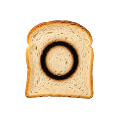 Stale, pale golden-brown bread slice, dry, cracked, with crisp circular charcoal burn mark on seamless transparent background, no shadows, precise product study concept