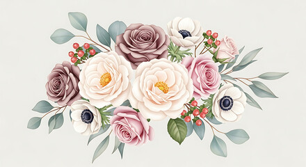 Elegant floral arrangement featuring roses and anemones in soft pastel shades for wedding invitations