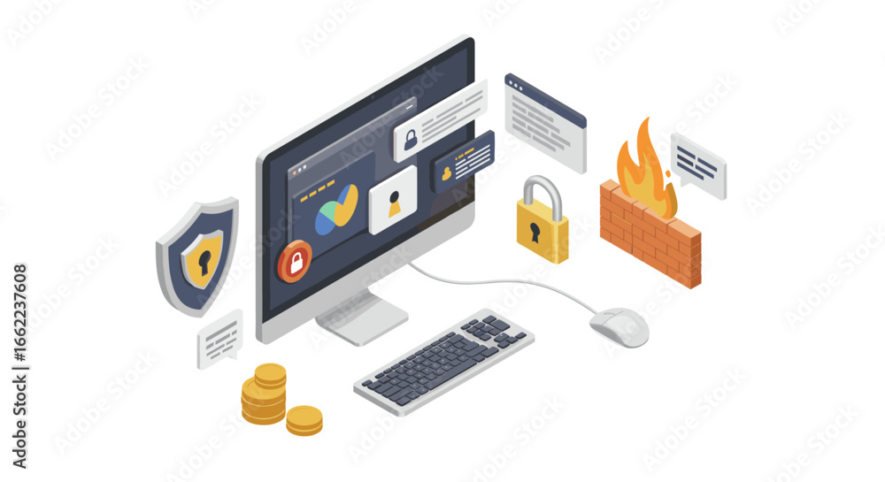 Aufkleber cybersecurity isometric design with computer and security icons highlighting digital protection