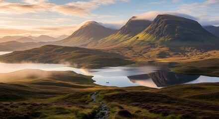 Scenic mountain landscape with a tranquil lake reflecting the sky and clouds