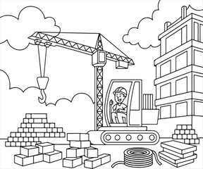 Fototapeta premium Fun Cartoon Worker Operating a Crane at a Construction Site