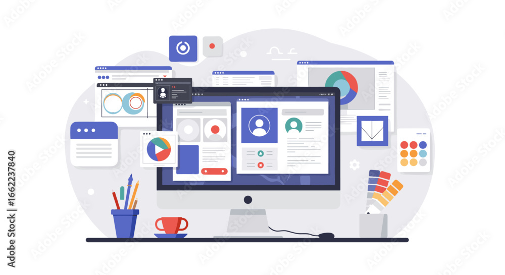 Poster modern online workspace dashboard with charts and analytics in flat design