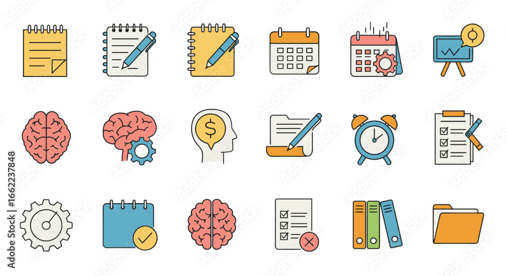 Poster flat style business and productivity icon set featuring planning and brainstorming concepts