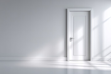Bright white door in a minimalistic room with soft shadows during the day