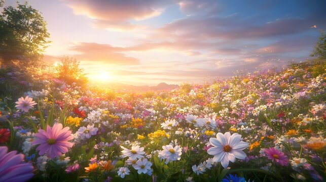 Vibrant Sunset Meadow Wildflower Field Landscape
