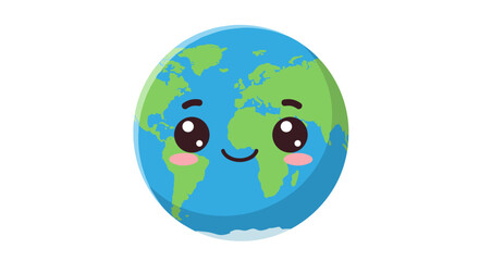 Cute kawaii earth with a smiling face and blushing cheeks on a white background