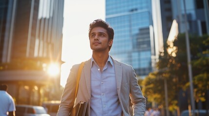 Indian young professional businessman standing confidently in modern tech hub, surrounded by glass buildings and passing commuters