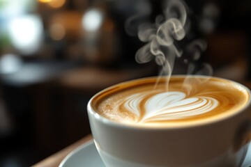 Steaming Coffee with Heart Latte Art Coffee Shop Drink Beverage