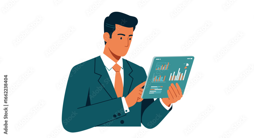 Poster business professional analyzing data on digital tablet with graphs