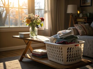 A laundry basket sits in a sunlit living room, filled with neatly folded clothes and surrounded by flowers