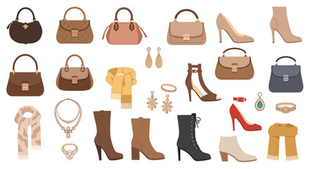 Fashionable accessories collection featuring handbags, shoes, jewelry, and scarves