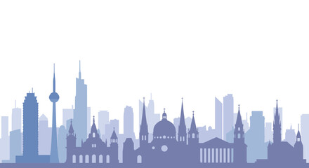 Purple silhouette of urban skyline with iconic landmarks