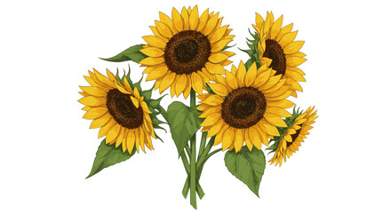 Obraz premium Vibrant sunflowers with lush green leaves on white background