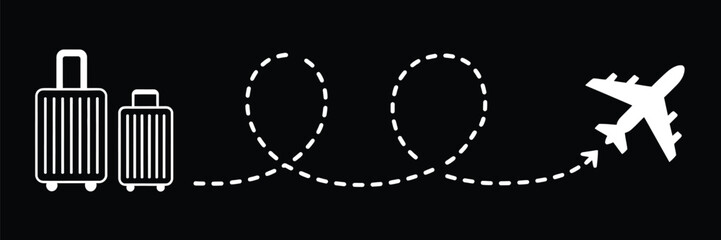 Two suitcases with dotted line leading to an airplane on a black background in a simple illustration