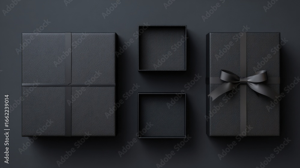 Poster a black box with a bow and a box with a ribbon
