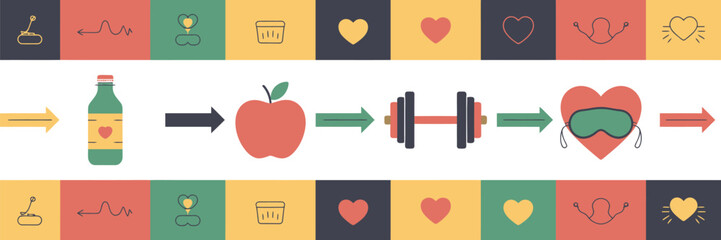 Illustration showing healthy lifestyle steps with bottle apple dumbbell and heart with sleep mask icons