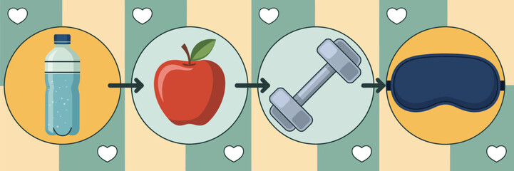 Illustration showing water bottle apple dumbbell and sleep mask representing a healthy lifestyle routine