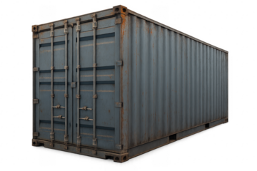 Large rusty metal shipping container on transparent background
