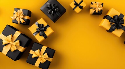 a group of black and yellow wrapped presents