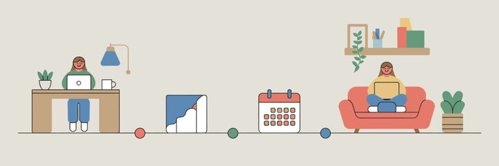 Illustration showing a woman working at a desk, progress icons, and a woman on a couch with laptop