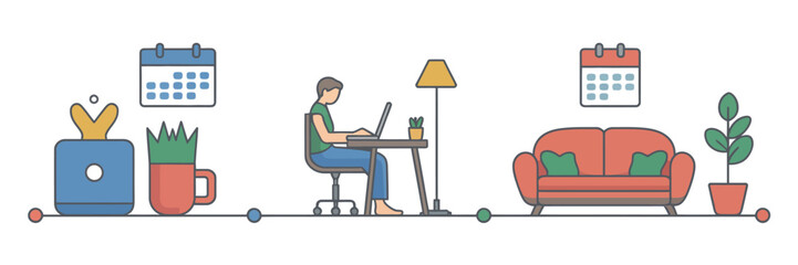 Illustration of a person working on a laptop in a room with a couch and plants and calendar icons