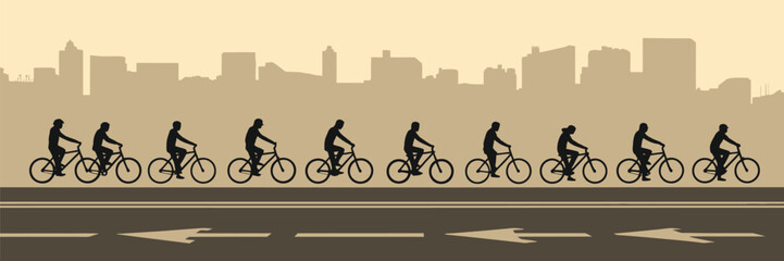 A silhouette of cyclists riding bikes on a road with city buildings in the background in sepia tones art