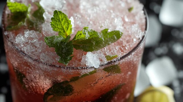 mojito cocktail on the table, red beverage with ice