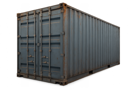 Large rusty metal shipping container on transparent background