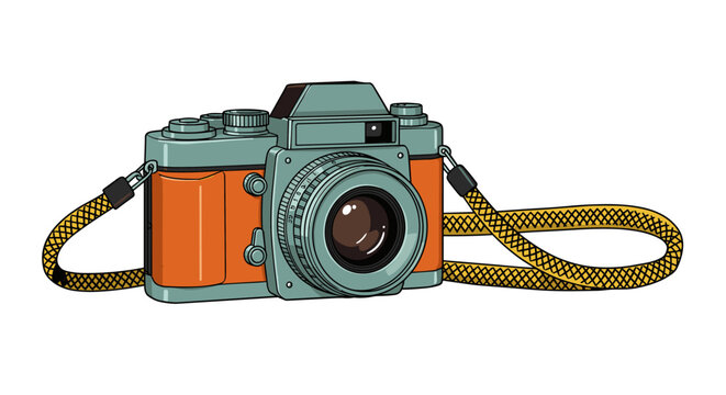 Retro style camera with strap on white background