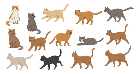 Playful cats in various poses and colors on a white background
