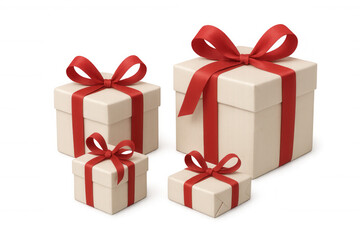 3d rendering of four gift boxes with red ribbons isolated on transparent background, perfect for christmas, birthdays or special occasions