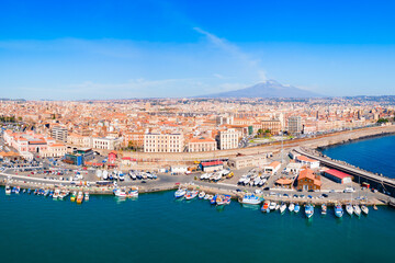 Catatania city port aerial panoramic view, Italy