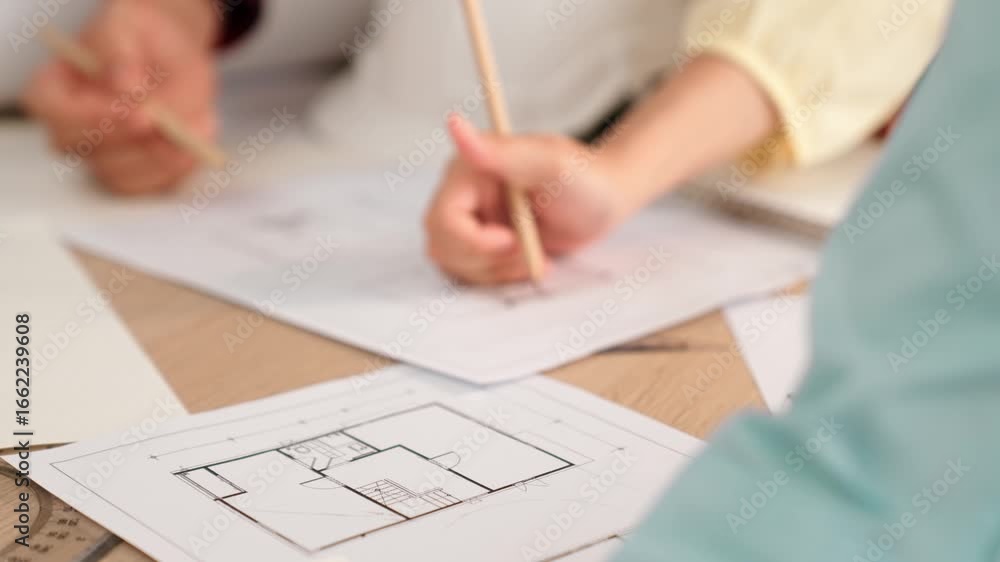 Poster architect and safety engineer discussion about building blueprint displaying on laptop on table with