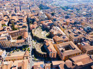 Roman Theatre of Catania aerial panoramic view, Sicily