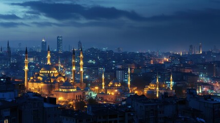 Obraz premium Illuminated mosque and city at twilight.
